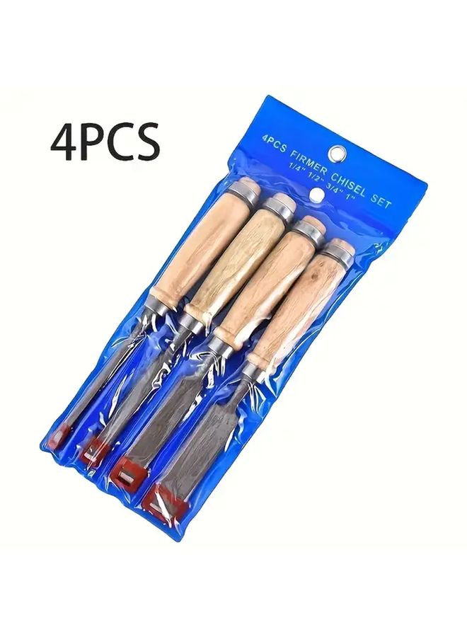 Woodworking Chisel Set 4pcs Wooden Handles Beveled Carving Tools For Sculpture - Image 4
